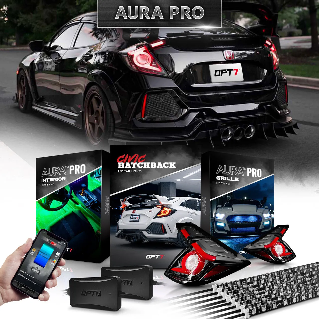 AURA PRO Civic Hatchback LED Lighting Bundle: OLED Tail lights   Interior   Grille w- Bluetooth