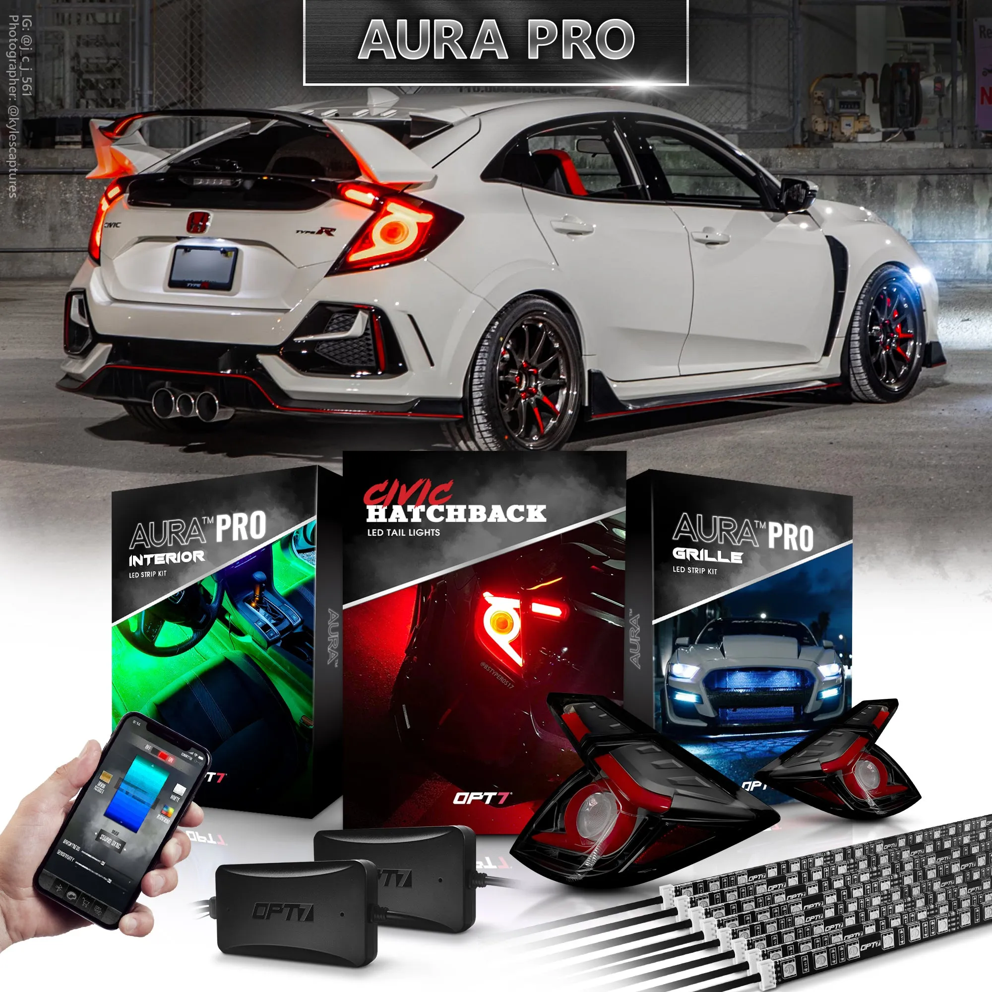 AURA PRO Civic Hatchback LED Lighting Bundle: OLED Tail lights   Interior   Grille w- Bluetooth