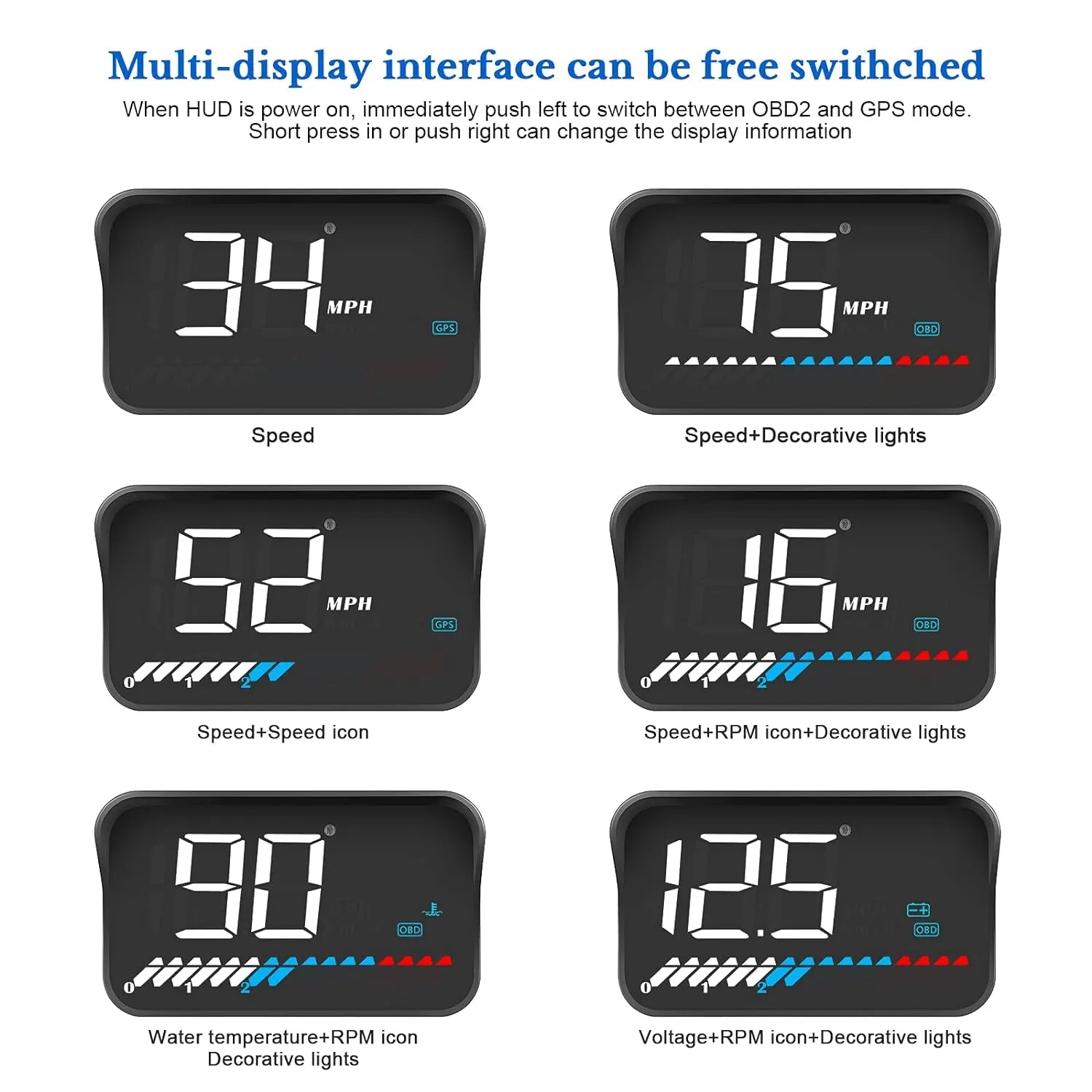 Car HUD Head up Display M7, OBD/GPS Smart Gauge, Driving Speed, Engine RPM, Voltage, Water Temperature, Etc.., Works Great for All Cars