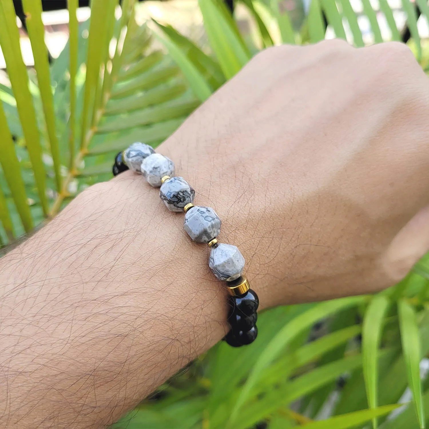 Diamond Cut Map Stone With Black Obsidian And Golden Hematite Bracelet