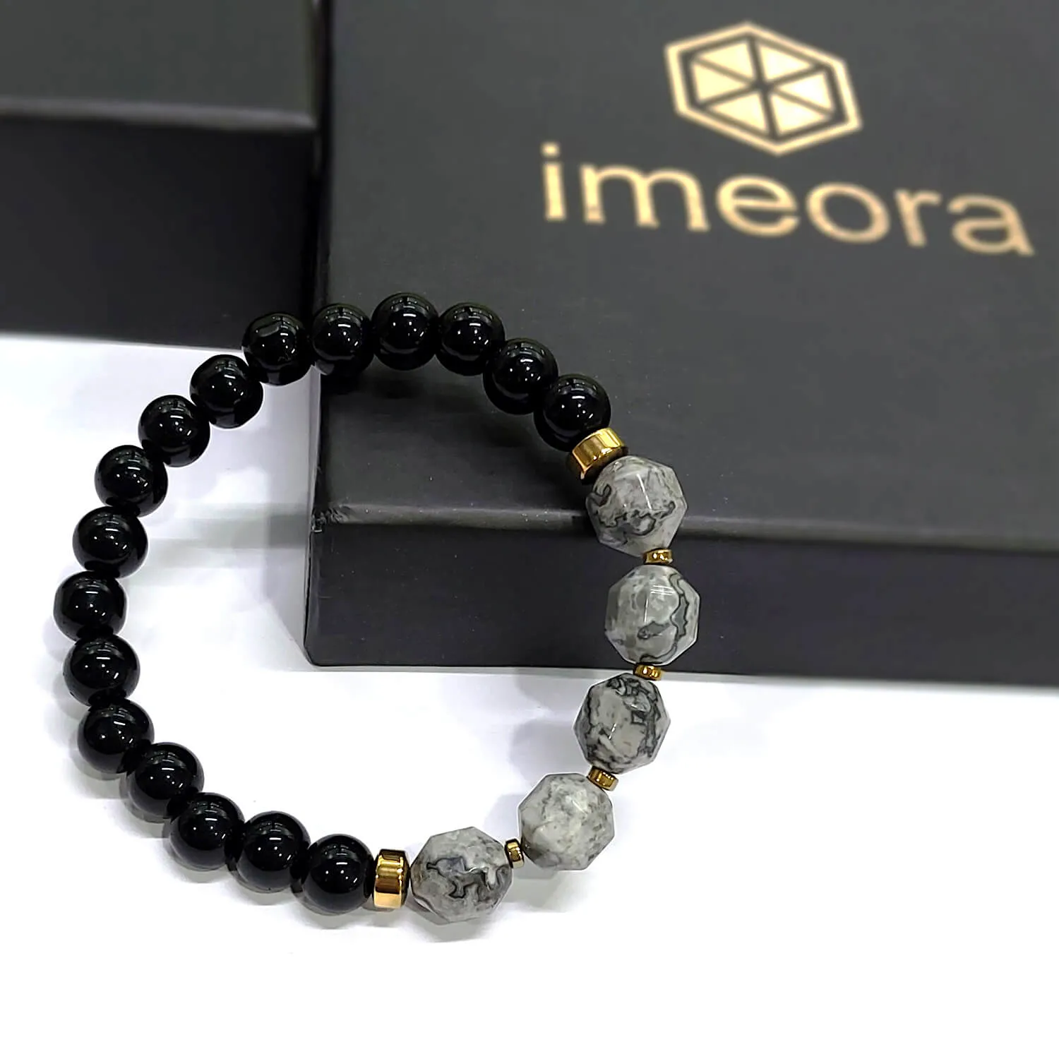 Diamond Cut Map Stone With Black Obsidian And Golden Hematite Bracelet