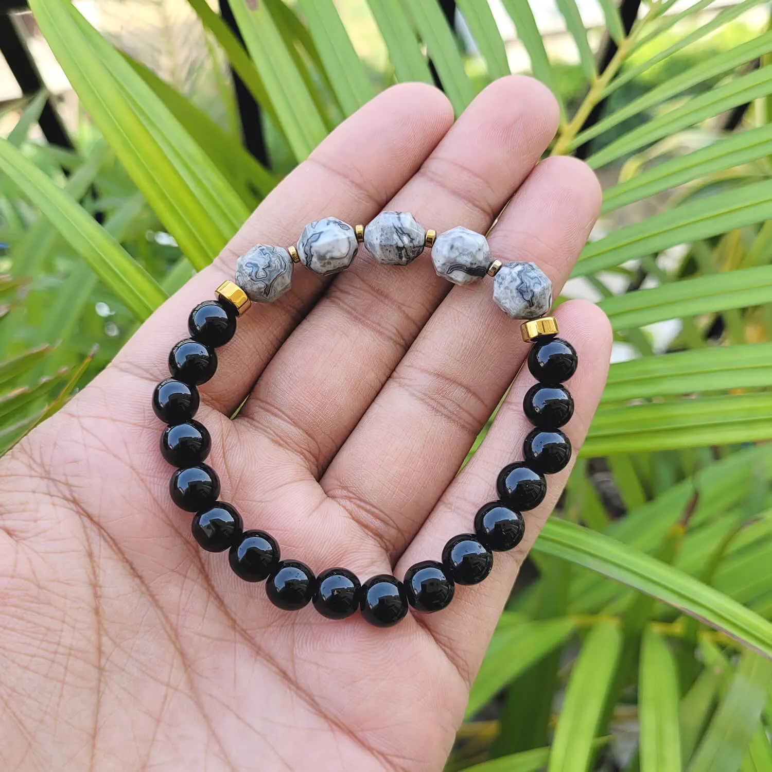 Diamond Cut Map Stone With Black Obsidian And Golden Hematite Bracelet