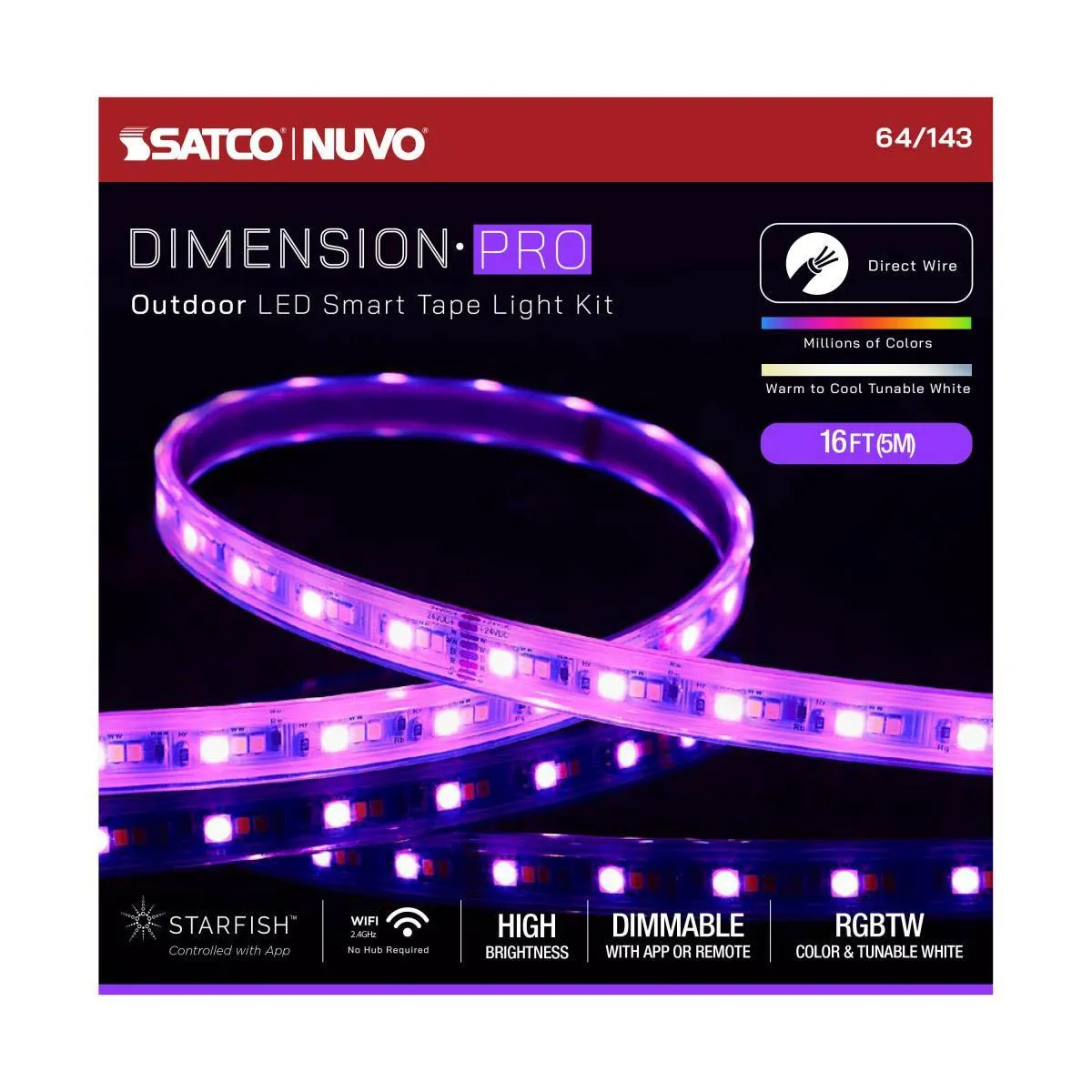 Dimension Pro Outdoor Smart LED Tape Light Kit with Remote, 16ft Reel, Color Changing RGB and Tunable White, 24V, J-Box Connection