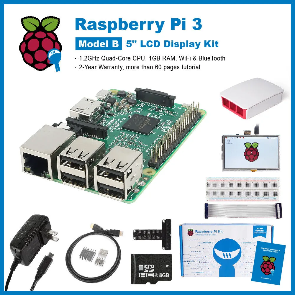 [Discontinued] SainSmart Raspberry Pi 3 Ultimate LCD Kit : 5" LCD   Case   SD Card   Breadboard   HDMI   GPIO   Aluminium Heatsink   USB Power Supply