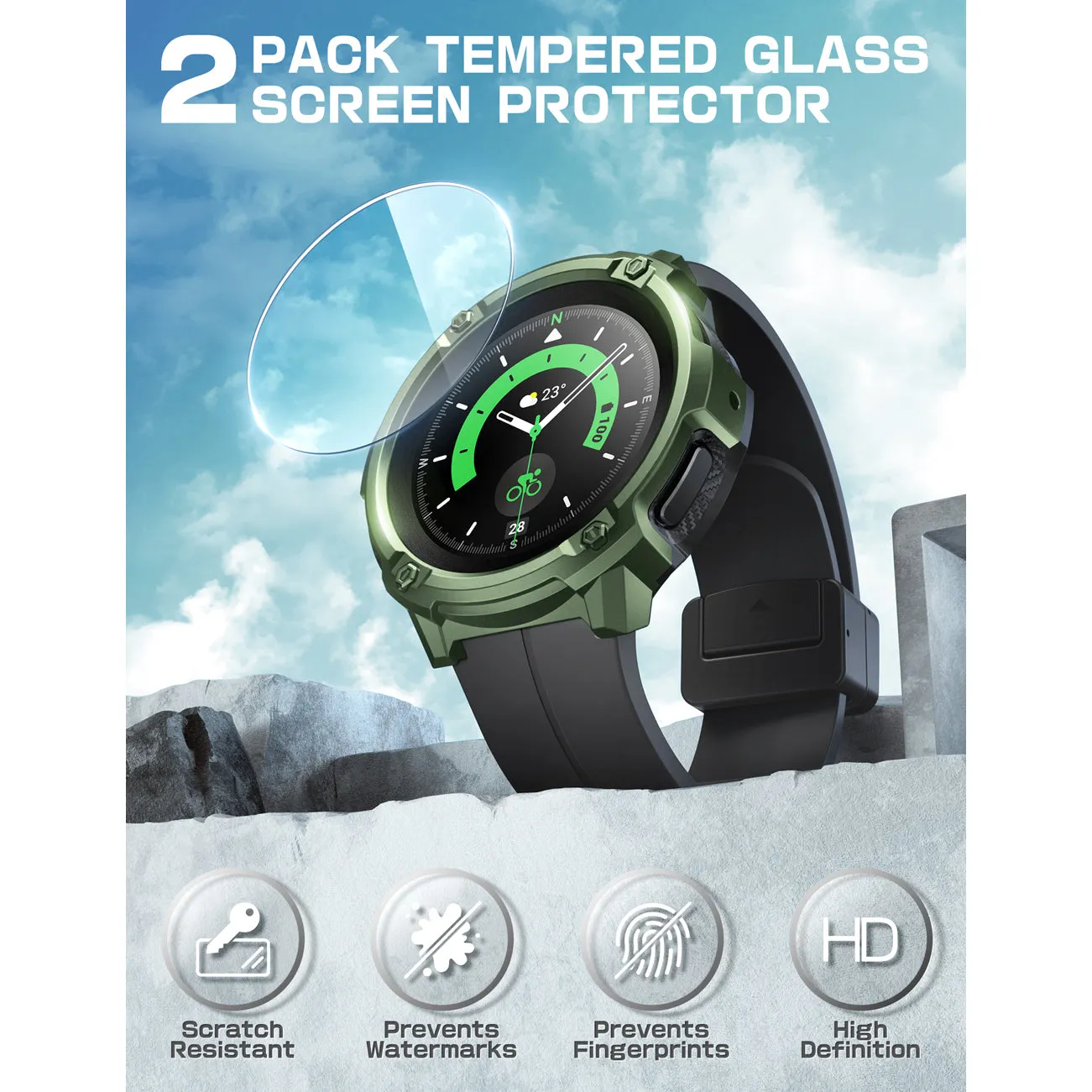 Galaxy Watch5 Pro 45mm Unicorn Beetle Rugged Case with Glass Screen Protectors-Dark Green