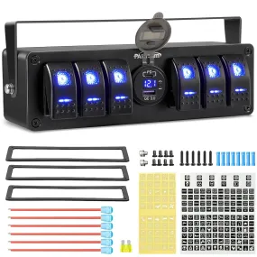 Partsam 6 Gang Rocker Switch Panel Box12V-24V Aluminum Boat Marine Toggle Switch with USB and Type C Charger Voltmeter w/Fuses Waterproof Gasket for Car Pickup RV Van SUV UVT ATV