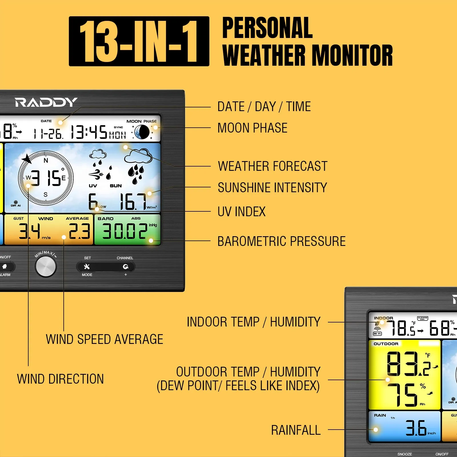 Raddy WF-100SE Weather Station | 13-in-1 Display | Wi-Fi Indoor Outdoor | Upgraded Design Version