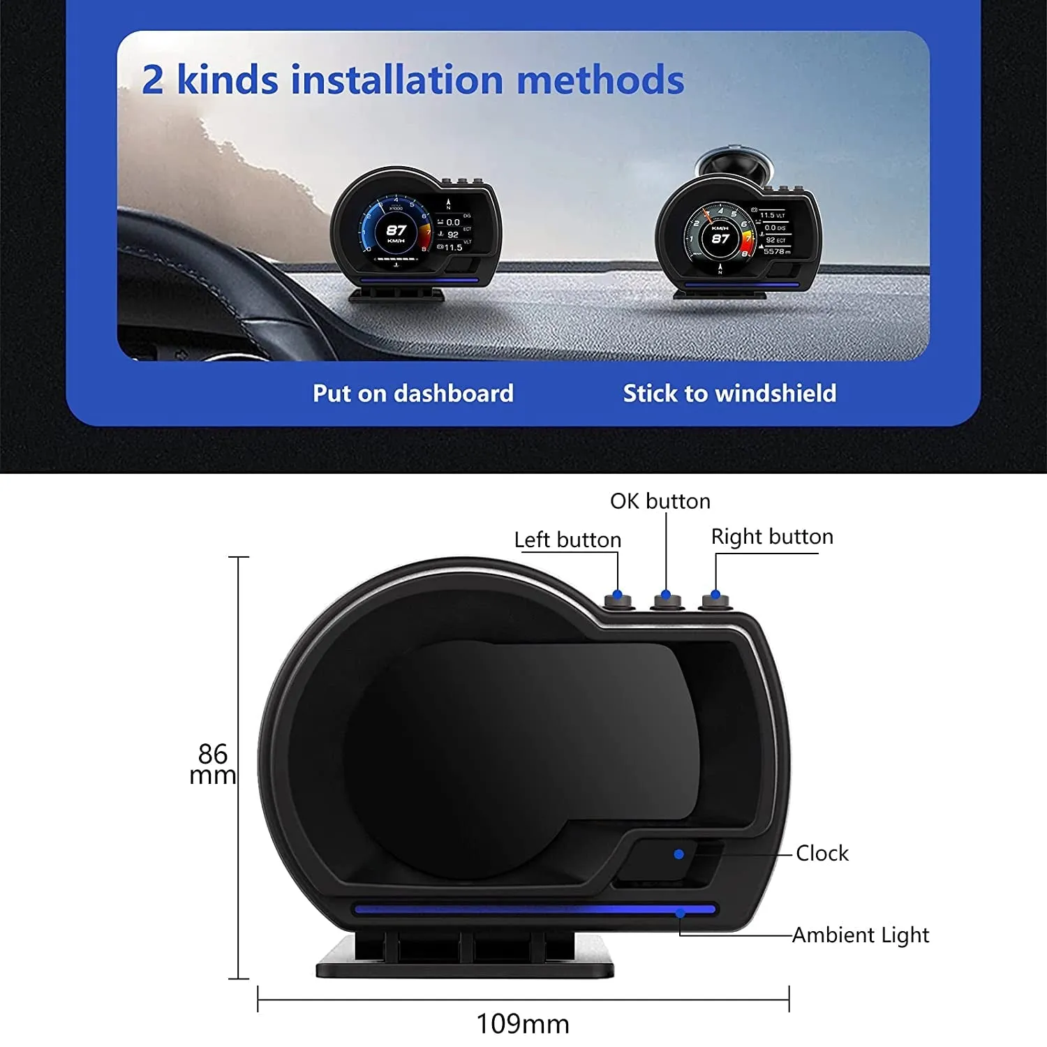 Wiiyii Car HUD Head up Display P6, OBD GPS Smart Gauge, Works Great for Most Cars (190 Grams)